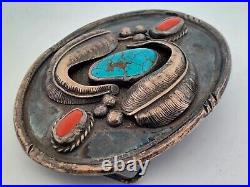 Vintage Native American Navajo Signed Turquoise Coral Sterling Belt Buckle 108gr