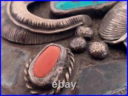 Vintage Native American Navajo Signed Turquoise Coral Sterling Belt Buckle 108gr