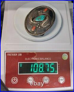 Vintage Native American Navajo Signed Turquoise Coral Sterling Belt Buckle 108gr