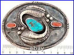Vintage Native American Navajo Signed Turquoise Coral Sterling Belt Buckle 108gr