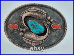 Vintage Native American Navajo Signed Turquoise Coral Sterling Belt Buckle 108gr