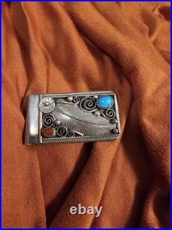 Vintage Native American Navajo Silver Handmade Coral Turquoise Money Clip