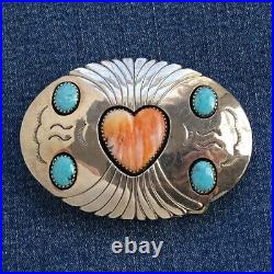 Vintage Native American Navajo Sterling Belt Buckle Spiny Oyster Heart Turquoise