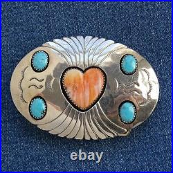 Vintage Native American Navajo Sterling Belt Buckle Spiny Oyster Heart Turquoise