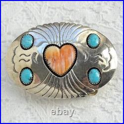 Vintage Native American Navajo Sterling Belt Buckle Spiny Oyster Heart Turquoise