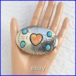 Vintage Native American Navajo Sterling Belt Buckle Spiny Oyster Heart Turquoise
