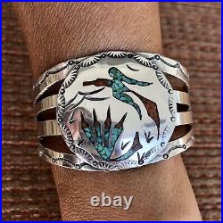 Vintage Native American Navajo Sterling Cuff Bracelet w Inlaid Turquoise & Coral
