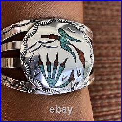 Vintage Native American Navajo Sterling Cuff Bracelet w Inlaid Turquoise & Coral