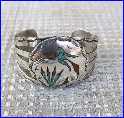 Vintage Native American Navajo Sterling Cuff Bracelet w Inlaid Turquoise & Coral