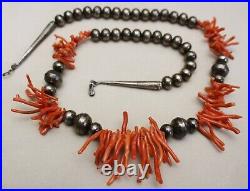 Vintage Native American Navajo Sterling Silver Bench Beads Coral Necklace