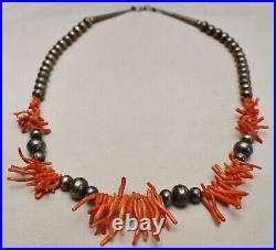 Vintage Native American Navajo Sterling Silver Bench Beads Coral Necklace