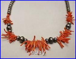 Vintage Native American Navajo Sterling Silver Bench Beads Coral Necklace