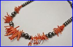 Vintage Native American Navajo Sterling Silver Bench Beads Coral Necklace