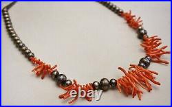 Vintage Native American Navajo Sterling Silver Bench Beads Coral Necklace