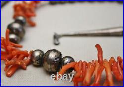 Vintage Native American Navajo Sterling Silver Bench Beads Coral Necklace