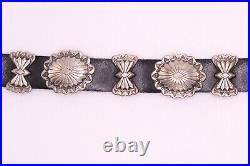 Vintage Native American Navajo Sterling Silver Concho Leather Bracelet