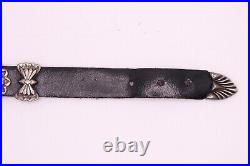 Vintage Native American Navajo Sterling Silver Concho Leather Bracelet