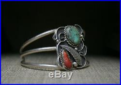 Vintage Native American Navajo Sterling Silver Coral Turquoise Cuff Bracelet