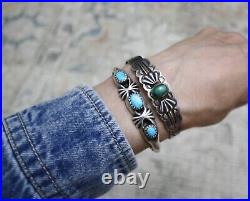 Vintage Native American Navajo Sterling Silver Sandcast Turquoise Cuff Bracelet