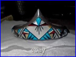 Vintage Native American Navajo Sterling Silver Suni Inlay Cuff Bracelet