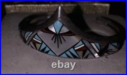 Vintage Native American Navajo Sterling Silver Suni Inlay Cuff Bracelet