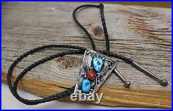 Vintage Native American Navajo Sterling Silver Turquoise Coral Bolo Tie