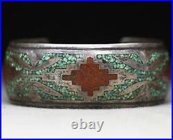 Vintage Native American Navajo Sterling Silver Turquoise Coral Cuff Bracelet