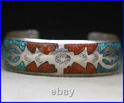 Vintage Native American Navajo Sterling Silver Turquoise Coral Cuff Bracelet