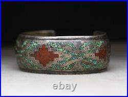 Vintage Native American Navajo Sterling Silver Turquoise Coral Cuff Bracelet