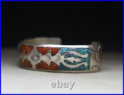 Vintage Native American Navajo Sterling Silver Turquoise Coral Cuff Bracelet