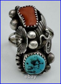 Vintage Native American Navajo Sterling Silver Turquoise Coral Ring Size 9.5