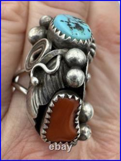 Vintage Native American Navajo Sterling Silver Turquoise Coral Ring Size 9.5