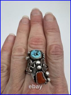 Vintage Native American Navajo Sterling Silver Turquoise Coral Ring Size 9.5