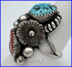 Vintage Native American Navajo Sterling Silver Turquoise Coral Ring Size 9.5