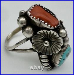 Vintage Native American Navajo Sterling Silver Turquoise Coral Ring Size 9.5