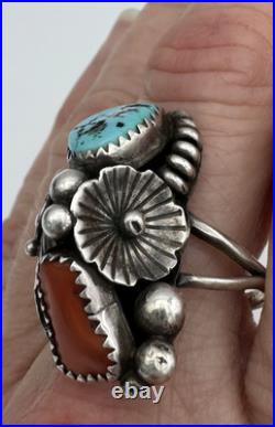 Vintage Native American Navajo Sterling Silver Turquoise Coral Ring Size 9.5
