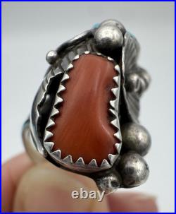 Vintage Native American Navajo Sterling Silver Turquoise Coral Ring Size 9.5