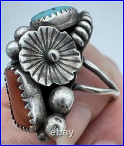 Vintage Native American Navajo Sterling Silver Turquoise Coral Ring Size 9.5