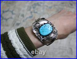 Vintage Native American Navajo Sterling Silver Turquoise Cuff Bracelet