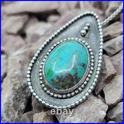 Vintage Native American Navajo Sterling Silver Turquoise Pendant On Chain 24