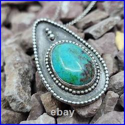 Vintage Native American Navajo Sterling Silver Turquoise Pendant On Chain 24
