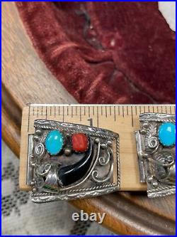 Vintage Native American Navajo Sterling Silver Turquoise Red Coral Signed Watch