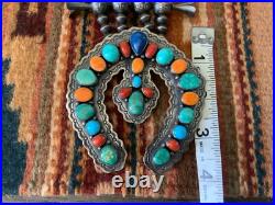 Vintage Native American Navajo Sterling Squash Blossom Necklace Sighned R BRD