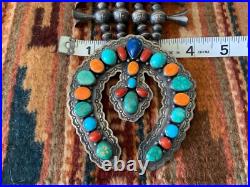Vintage Native American Navajo Sterling Squash Blossom Necklace Sighned R BRD