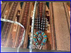 Vintage Native American Navajo Sterling Squash Blossom Necklace Sighned R BRD