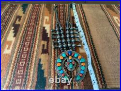 Vintage Native American Navajo Sterling Squash Blossom Necklace Sighned R BRD