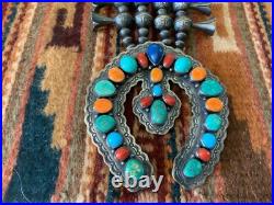 Vintage Native American Navajo Sterling Squash Blossom Necklace Sighned R BRD