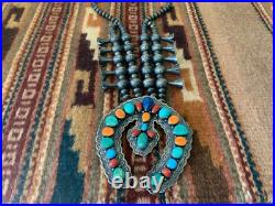 Vintage Native American Navajo Sterling Squash Blossom Necklace Sighned R BRD