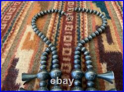 Vintage Native American Navajo Sterling Squash Blossom Necklace Sighned R BRD