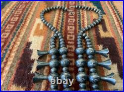 Vintage Native American Navajo Sterling Squash Blossom Necklace Sighned R BRD